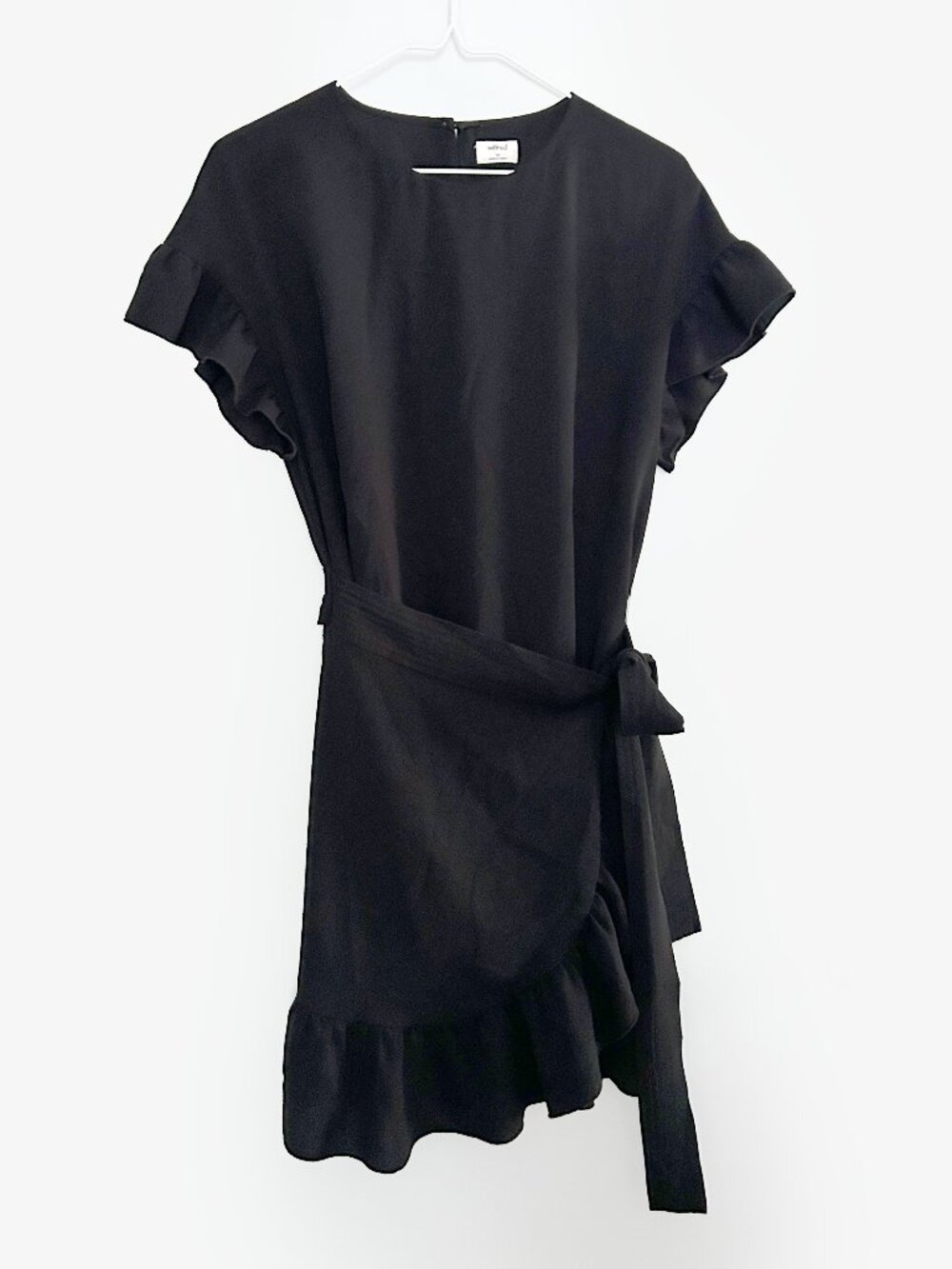 Aritzia Wilfred Black Ruffle Mini Cocktail Dress Flutter Sleeve Tie Waist XS